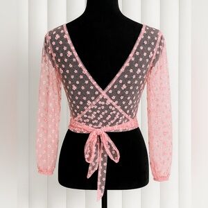 SUGAR THRILLZ Lust For Life Sheer Floral Embroidered Wrap Top Puff Sleeve Pink S